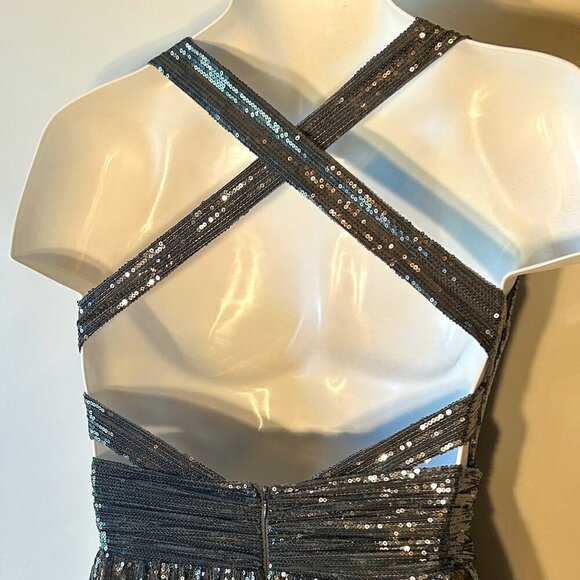 Verte SZ S  Blue Gray Grecian Halter Cut Sequin Maxi old glamour party prom - Picture 7 of 13